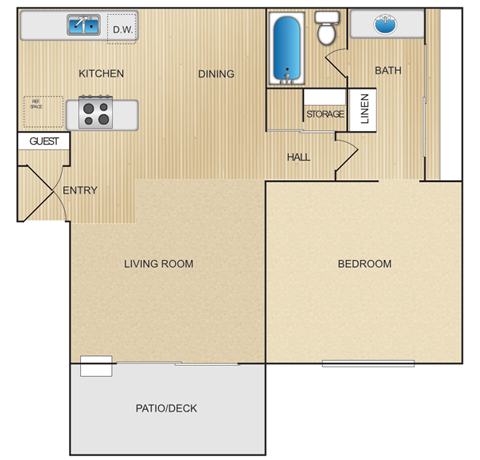 Floor plan for 1 bed, 1 bath, 712 sqft